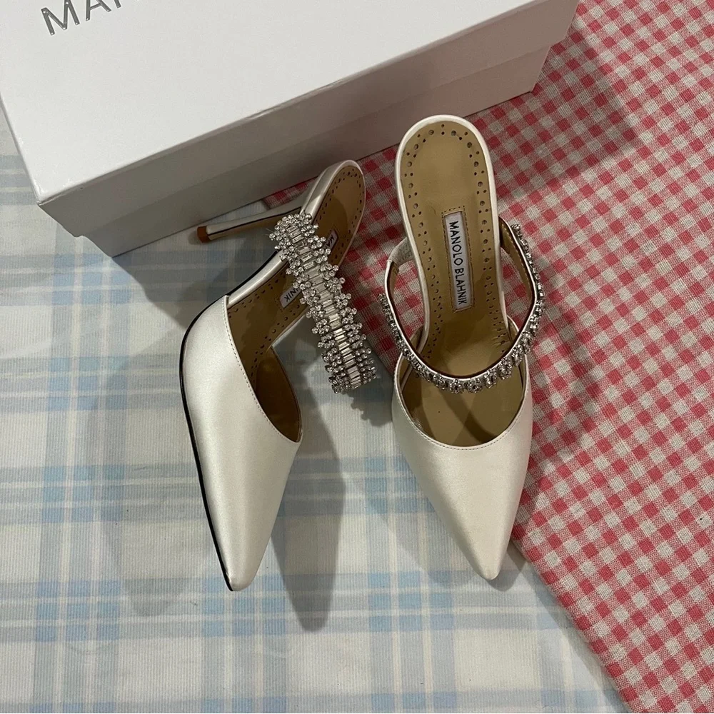 Manolo Blahnik White Satin Pointed Mules with Crystal Strap